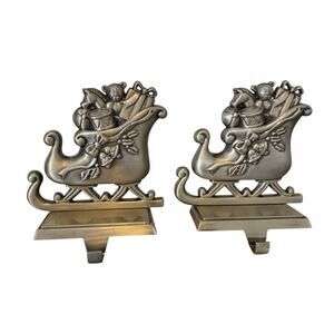 Set of 2 Santa's Sleigh Pewter Finish Christmas Stocking Hanger Hook Santa Claus